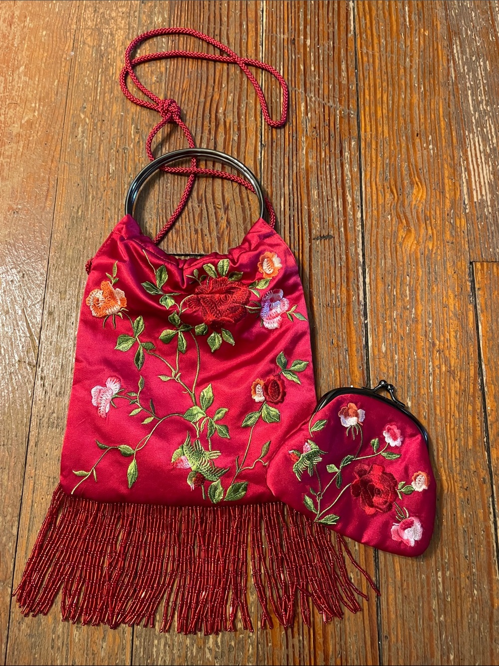 Y2K Satin Embroidered Rose Evening Bag & Matching Coin Purse Set
